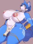 Rule 34 | 1girl, animal ear fluff, animal ears, animated, ass, blue hair, blush, bouncing breasts, breasts, cervina, female focus, forehead jewel, furry, furry female, hand on own hip, huge ass, huge breasts, krystal, lowres, nintendo, nipples, pussy, solo, star fox, thick thighs, thighs, video, wide hips
