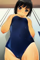 Rule 34 | 1girl, black hair, blue one-piece swimsuit, blush, body blush, breasts, commentary request, cowboy shot, from below, green eyes, groin, hands on own chest, highres, indoors, locker, looking at viewer, looking down, matsunaga kouyou, one-piece swimsuit, one-piece tan, original, parted lips, school swimsuit, shiny skin, short hair, small breasts, solo, standing, swimsuit, tan, tanline, tareme, thighs, water, water drop, wet, wet clothes, wet swimsuit
