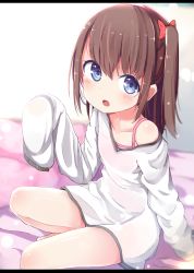 Rule 34 | 1girl, arm support, blue eyes, blush, bow, brown hair, camisole, collarbone, commentary request, hair between eyes, hair bow, highres, long hair, long sleeves, okota mikan, open mouth, original, oversized clothes, oversized shirt, pink camisole, polka dot, polka dot bow, red bow, shirt, side ponytail, sleeves past fingers, sleeves past wrists, solo, white shirt