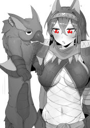 Rule 34 | 1girl, absurdres, animal ears, breasts, breasts apart, fishnets, greyscale, hairband, heart, highres, holding, large breasts, long hair, longcat (meme), looking at another, meme, monochrome, monster hunter (character), monster hunter (series), nargacuga, nargacuga (armor), navel, niwarhythm, open mouth, red eyes, scarf, simple background, spot color, stomach, white background