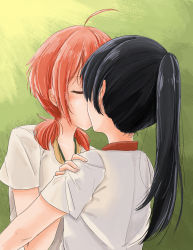 Rule 34 | 10s, 2girls, absurdres, ahoge, arm grab, black hair, blush, closed eyes, couple, female focus, from behind, gradient background, green background, gym uniform, hand on another&#039;s shoulder, hand up, highres, kiss, koito yuu, long hair, low twintails, multiple girls, nanami touko, neck, orange hair, ponytail, shirt, short hair, short sleeves, short twintails, simple background, t-shirt, twintails, upper body, white shirt, yagate kimi ni naru, yuri, zcfustc