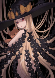 Rule 34 | 1girl, abigail williams (fate), abigail williams (second ascension) (fate), absurdres, ass, bao (s 888), black bow, blonde hair, bow, commentary request, dark background, fate/grand order, fate (series), from behind, hair bow, hat, hat bow, highres, long hair, multiple bows, hugging object, orange bow, parted bangs, polka dot, polka dot bow, purple bow, red eyes, simple background, solo, stuffed animal, stuffed toy, teddy bear