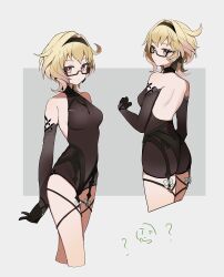 Rule 34 | 1girl, ?, absurdres, bare back, bare shoulders, black gloves, black hairband, black leotard, blonde hair, closed mouth, commentary request, cropped legs, elbow gloves, emilie (genshin impact), expressionless, from behind, genshin impact, glasses, gloves, hair intakes, hairband, highres, leotard, looking at viewer, merry-san, multiple views, pink eyes, semi-rimless eyewear, short hair, under-rim eyewear