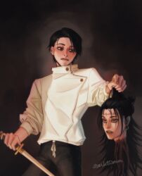 Rule 34 | 2boys, artist name, black background, black hair, black pants, commentary, david and goliath (caravaggio), decapitation, derivative work, ear piercing, english commentary, gojou satoru, guro, highres, holding, holding sword, holding weapon, jacket, jujutsu kaisen, kenjaku, long hair, long sleeves, looking at another, male focus, multiple boys, okkotsu yuuta, pants, parted lips, piercing, plug (piercing), scar, scar on face, scar on forehead, scarlettismm, severed head, short hair, sword, weapon, white jacket