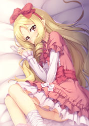 Rule 34 | 10s, 1girl, ass, bed sheet, blonde hair, blush, bow, criss-cross halter, dress, drill hair, embarrassed, eromanga sensei, female focus, frilled bow, frills, hair bow, hairband, halterneck, highres, layered sleeves, legs together, lolita fashion, long hair, long sleeves, looking at viewer, lying, no panties, on side, panties, panties around leg, parted bangs, petticoat, pink dress, pink panties, pointy ears, pussy juice, pussy juice stain, red hairband, revision, sash, shiny skin, socks, solo, sweat, tomifumi, underwear, very long hair, white bow, white socks, yamada elf