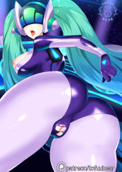 Rule 34 | 1girl, aqua hair, artist name, ass, bodysuit, breasts, cleft of venus, collarbone, dj sona, dutch angle, female focus, green hair, large breasts, latex, league of legends, mask, navel, nipples, patreon, patreon username, pussy, saliva, shiny clothes, shiny skin, smile, solo, sona (league of legends), tofuubear, tongue, tongue out, twintails, uncensored, watermark, web address