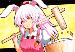 Rule 34 | 1girl, animal ears, apron, bad id, bad pixiv id, blush, bow, breasts, carrot print, commentary request, cropped legs, food, food print, hair between eyes, hair bow, kine, light purple hair, long hair, looking to the side, mallet, medium breasts, mochi, necktie, open mouth, orange eyes, ponytail, puffy short sleeves, puffy sleeves, qqqrinkappp, rabbit ears, red bow, red necktie, reisen udongein inaba, shirt, short sleeves, solo, sparkle, touhou, traditional media, upper body, white shirt