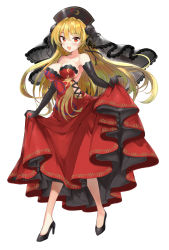 Rule 34 | 1girl, :d, alternate costume, bare legs, black gloves, blonde hair, blush, breasts, cleavage, crescent, dress, elbow gloves, full body, gloves, hayama eishi, high heels, junko (touhou), lace trim, large breasts, long hair, looking at viewer, open mouth, pumps, red dress, red eyes, simple background, smile, solo, strapless, strapless dress, touhou, white background