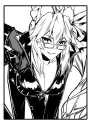 1girl animal_ear_fluff animal_ears bodysuit border breasts cleavage commentary english_commentary fang fate/grand_order fate_(series) fox_ears fox_girl glasses hair_between_eyes highres inktober koyanskaya_(assassin)_(first_ascension)_(fate) koyanskaya_(fate) large_breasts leaning_forward long_hair looking_at_viewer monochrome open_bodysuit open_clothes open_mouth partially_unzipped rectangular_eyewear simple_background smirk solo sprit_brry tamamo_(fate) zipper