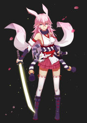 Rule 34 | 1girl, absurdres, animal ears, bare shoulders, black background, boots, breasts, closed mouth, dual wielding, fox ears, fox mask, full body, highres, holding, holding sword, holding weapon, honkai (series), honkai impact 3rd, japanese clothes, katana, long hair, looking at viewer, mask, miko, petals, pink hair, pink skirt, purple eyes, purple footwear, sanfenjianshu, sideboob, simple background, skirt, smile, solo, standing, sword, thighhighs, weapon, white sleeves, white thighhighs, yae sakura, yae sakura (gyakushinn miko)