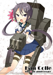 Rule 34 | &gt;:o, 10s, 1girl, :o, akebono (kancolle), anniversary, bad id, bad pixiv id, bell, blush, cannon, flower, hair bell, hair flower, hair ornament, jingle bell, kankitsunabe (citrus), kantai collection, loafers, long hair, machinery, open mouth, petals, pleated skirt, purple eyes, purple hair, school uniform, serafuku, shoes, side ponytail, simple background, skirt, solo, torpedo, turret, v-shaped eyebrows, very long hair