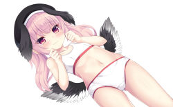 Rule 34 | 1girl, bare arms, bare shoulders, black wings, blue archive, blush, bra, closed mouth, collarbone, commentary request, dutch angle, feathered wings, flat chest, gluteal fold, hands up, head wings, highres, koharu (blue archive), long hair, looking at viewer, navel, panties, pink hair, red eyes, sakuraba hikaru (loveindog), simple background, solo, standing, twintails, underwear, underwear only, wavy mouth, white background, white bra, white panties, wings