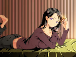 Rule 34 | 1girl, artist request, barefoot, bed, bed sheet, black hair, black pants, breasts, closed mouth, collarbone, copyright request, highres, holding, horizontal-striped background, hourglass, large breasts, legs up, long hair, long sleeves, looking at viewer, lying, on bed, on stomach, pants, purple eyes, red sweater, smile, soles, solo, striped, striped background, sweater, the pose, vertical stripes