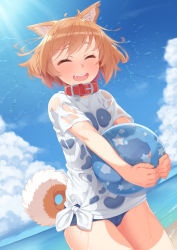 Rule 34 | 1girl, animal ear fluff, animal ears, ball, beach, beachball, blue sky, breasts, brown hair, closed eyes, cloud, collar, commentary request, cowboy shot, day, dog ears, dog tail, fang, highres, holding, holding ball, medium breasts, open mouth, original, outdoors, red collar, school swimsuit, see-through, shaking head, shirt, short hair, sky, smile, solo, standing, swimsuit, swimsuit under clothes, tachimi (basue), tail, tied shirt, transparent, water drop, wet, wet clothes, wet shirt, white shirt