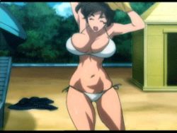 Rule 34 | 00s, 1girl, amaha masane, animated, animated gif, beach, bikini, bikini under clothes, black eyes, black hair, bouncing breasts, breasts, day, large breasts, lowres, non-web source, running, screencap, short hair, solo, swimsuit, undressing, witchblade