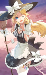 Rule 34 | 1girl, ;d, absurdres, apron, baisi shaonian, beach, black dress, blonde hair, blue eyes, bow, bowtie, braid, breasts, broom, buttons, cleavage, collar, dress, floating hair, frilled hat, frills, hair bow, hat, hat bow, highres, holding, holding broom, kirisame marisa, long hair, one eye closed, open mouth, outdoors, potion, puffy short sleeves, puffy sleeves, short sleeves, single braid, smile, solo, standing, star-shaped pupils, star (symbol), star print, striped, sunset, symbol-shaped pupils, test tube, thighhighs, touhou, vertical stripes, very long hair, waist apron, water, white bow, white thighhighs, witch, witch hat, wrist cuffs