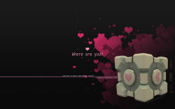 Rule 34 | aperture science weighted companion cube, black background, copyright name, cube, english text, heart, highres, jamez gillman, no humans, portal (series), portal 1, simple background, text focus, valve, valve software, wallpaper