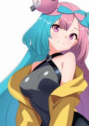 Rule 34 | 1girl, absurdres, bow-shaped hair, breasts, character hair ornament, closed mouth, creatures (company), game freak, gen 1 pokemon, hair ornament, highres, iono (pokemon), jacket, long hair, looking at viewer, magnemite, multicolored hair, nintendo, oversized clothes, pink hair, pokemon, pokemon sv, pon tanuki (ga7fsrge9jxblaw), shirt, sleeveless, smile, two-tone hair, upper body, yellow jacket