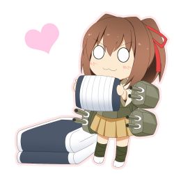 Rule 34 | 10s, 1girl, :3, bad id, bad pixiv id, brown hair, brown skirt, chibi, closed mouth, commentary request, hair ribbon, heart, high ponytail, highres, ise (kancolle), kantai collection, o o, pleated skirt, red ribbon, ribbon, short hair, simple background, skirt, solo, white background, yakitori (oni)