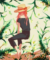 Rule 34 | 1boy, bad id, bad pixiv id, barefoot, english text, flower, from behind, hat, inazuma eleven (series), inazuma eleven go, kirino ranmaru, long hair, male focus, pink hair, shino (syllable), simple background, sitting, solo, twintails