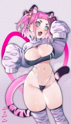 Rule 34 | 1girl, animal ears, animal print, aqua eyes, bare shoulders, blunt bangs, breasts, cellphone, cleavage, contrapposto, covered navel, cowboy shot, cropped sweater, ear piercing, gris swimsuit, hands up, highleg, highres, large breasts, meme attire, narrow waist, open mouth, original, paw pose, phone, piercing, pink hair, see-through, smartphone, smile, solo, stephringo, sweater, tail, taking picture, tareme, thigh gap, thighhighs, tiger ears, tiger print, tiger tail, wide hips