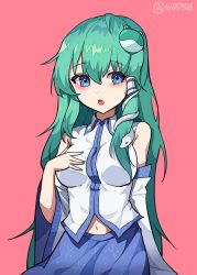Rule 34 | 1girl, :o, \||/, absurdres, arm at side, armpit crease, bare shoulders, blue eyes, blue nails, blue skirt, blush, breasts, collared shirt, commentary request, detached sleeves, frog hair ornament, green hair, hair ornament, hand on own chest, happy, highres, kochiya sanae, korean commentary, long hair, long sleeves, looking at viewer, medium breasts, nail polish, navel, nontraditional miko, open mouth, pink background, print skirt, shirt, sidelocks, simple background, skirt, snake hair ornament, solo, standing, stomach, touhou, twitter username, upper body, wd0706, white shirt, wide sleeves, wing collar