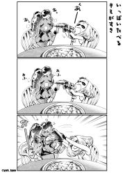Rule 34 | &gt; &lt;, 3koma, afterimage, arms up, bare arms, bare shoulders, blush, chair, closed eyes, closed mouth, collared vest, comic, commentary request, cropped vest, crown, crying, dark-skinned female, dark skin, drooling, emphasis lines, facing another, feeding, fingerless gloves, food, gloves, greyscale, grin, hands up, heart, high collar, highres, holding, holding food, holding pizza, inkling, kyunta, long hair, looking at another, marina (splatoon), medium hair, mole, mole under mouth, monochrome, motion lines, navel piercing, nintendo, octoling, one eye closed, open mouth, pearl (splatoon), piercing, pizza, silent comic, sleeveless, smile, sound effects, splatoon (series), splatoon 2, stomach, suction cups, sweat, table, tentacle hair, twitter username, upper body, vest, zipper, zipper pull tab