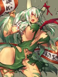 Rule 34 | 1girl, breasts, contrapposto, dress, ex-keine, fang, female focus, green dress, green hair, horn ornament, horn ribbon, horns, kamishirasawa keine, large breasts, long hair, looking at viewer, melon22, multicolored hair, no bra, no panties, open mouth, red eyes, ribbon, scroll, solo, standing, torn clothes, torn dress, touhou, two-tone hair, very long hair, white hair