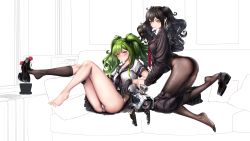 Rule 34 | 2girls, absurdres, ass, barefoot, black footwear, black gloves, black hair, black legwear, black neckwear, black shirt, black skirt, blush, breasts, closed mouth, clothes pull, collarbone, couch, dinergate (girls&#039; frontline), feet, full body, girls&#039; frontline, gloves, green hair, grey eyes, highres, jewelry, legs, legs up, lips, long hair, looking at viewer, m950a (girls&#039; frontline), medium breasts, multiple girls, no shoes, panties, pantyhose, red neckwear, ring, scarecrow (girls&#039; frontline), school uniform, serafuku, shirt, shoe dangle, shoes, simple background, single sock, sitting, skirt, skirt pull, smile, socks, soles, thighs, toes, twintails, underwear, von.franken, white panties, white shirt, yellow eyes