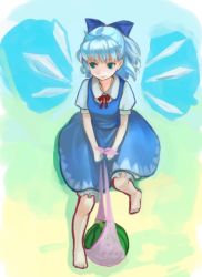 Rule 34 | 1girl, cirno, dress, embodiment of scarlet devil, female focus, food, fruit, full body, gradient background, solo, touhou, watermelon, wings