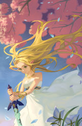 Rule 34 | 1girl, bare shoulders, blonde hair, blue flower, blue sky, bracelet, closed mouth, damaged, day, dress, elf, floating hair, flower, green eyes, highres, holding, holding sword, holding weapon, jewelry, long hair, looking down, master sword, necklace, nintendo, outdoors, petals, phina (jinahou), pointy ears, princess zelda, sky, solo, strapless, strapless dress, sword, the legend of zelda, the legend of zelda: breath of the wild, tree, underbust, very long hair, weapon, white dress, wind