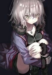 Rule 34 | 1girl, :t, belt boots, black background, black footwear, black shorts, blush, boots, breasts, chain, fate/grand order, fate (series), fingernails, fur trim, highres, hugging own legs, jacket, jeanne d&#039;arc (fate), jeanne d&#039;arc alter (fate), jeanne d&#039;arc alter (ver. shinjuku 1999) (fate), jewelry, knees up, long hair, long sleeves, looking at viewer, medium breasts, necklace, official alternate costume, pout, purple jacket, shino (eefy), short shorts, shorts, silver hair, simple background, solo, tears, yellow eyes