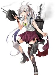 Rule 34 | 1girl, adapted turret, ahoge, asashimo (kancolle), asashimo kai ni (kancolle), asymmetrical legwear, blouse, boots, bow, bowtie, brown thighhighs, camisole, cannon, clenched teeth, unworn clothes, cross-laced footwear, damaged, fingerless gloves, fujikawa, full body, gloves, grey eyes, grey hair, grey thighhighs, grin, hair over one eye, holding, holding clothes, holding jacket, jacket, unworn jacket, kantai collection, lace-up boots, long hair, looking at viewer, machinery, mast, mismatched legwear, official art, pleated skirt, ponytail, school uniform, sharp teeth, shirt, short sleeves, skirt, smile, solo, stance, standing, teeth, thighhighs, torn clothes, transparent background, turret, vest, unworn vest, white shirt
