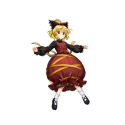 Rule 34 | 1girl, black footwear, blonde hair, bow, brown bow, brown dress, brown eyes, closed mouth, dress, full body, game cg, hair bow, highres, kurodani yamame, long sleeves, looking at viewer, puffy dress, rotte (1109), short hair, simple background, smile, socks, solo, third-party source, touhou, touhou lostword, white background, white socks