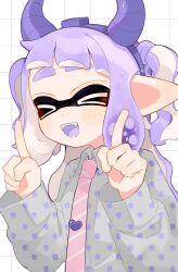 Rule 34 | &gt; &lt;, 1girl, :d, blush, closed eyes, collared shirt, colored tongue, commentary request, demon horns, fake horns, fangs, grey shirt, grid background, hairband, hands up, highres, horns, inkling, inkling girl, inkling player character, jellyfish print, long hair, long sleeves, necktie, nintendo, open mouth, pink necktie, pointing, pointing up, pointy ears, print shirt, purple hair, purple hairband, purple tongue, sahata saba, shirt, signature, smile, solo, splatoon (series), striped necktie, suction cups, tentacle hair, thick eyebrows, tie clip, two side up, upper body, white background