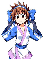 Rule 34 | 1girl, adjusting clothes, adjusting headwear, anbe masahiro, black gloves, blue bow, bow, brown eyes, brown hair, closed mouth, commentary request, dougi, fingerless gloves, gloves, hair bow, karate gi, large bow, looking at viewer, multicolored shirt, rimururu, samurai spirits, short hair, simple background, smile, solo, standing, upper body, white background
