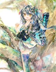 Rule 34 | 1girl, black hair, black shirt, black thighhighs, butterfly wings, highres, insect wings, kazuka, long hair, long sleeves, looking at viewer, looking to the side, miniskirt, original, painting (medium), shirt, skirt, solo, thighhighs, traditional media, tree, twintails, watercolor (medium), wings, yellow eyes, zettai ryouiki