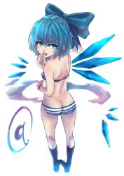 Rule 34 | 1girl, ass, bad id, bad pixiv id, blue hair, blue panties, bow, butt crack, circled 9, cirno, from behind, hair bow, highres, ice, large bow, looking back, nail polish, open mouth, panties, panzer (p.z), socks, solo, striped background, striped clothes, striped panties, tongue, touhou, underwear, underwear only, watch, wings, wristwatch