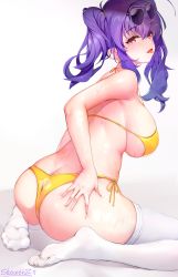 Rule 34 | 1girl, artist name, ass, azur lane, back, bikini, breasts, brown eyes, butt crack, chinese commentary, eyewear on head, halterneck, hand on own ass, highres, large breasts, long hair, looking back, official alternate costume, pola (azur lane), pola (seaside coincidence) (azur lane), purple hair, showerz, side-tie bikini bottom, sideboob, simple background, sitting, skindentation, solo, sunglasses, swimsuit, thighhighs, tongue, tongue out, twintails, white background, white thighhighs, yellow bikini