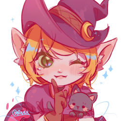 Rule 34 | 1girl, animal, bewitching tristana, black cat, blonde hair, brown gloves, cat, commentary request, crescent, crescent hat ornament, dress, fangs, gloves, green eyes, halloween, hat ornament, highres, holding, league of legends, one eye closed, pointy ears, puffy short sleeves, puffy sleeves, purple headwear, ruan chen yue, short hair, short sleeves, signature, slit pupils, smile, solo, tristana, upper body, yordle