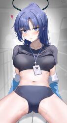Rule 34 | 1girl, absurdres, black bra, black buruma, black shirt, blue archive, blue jacket, blush, bra, breasts, buruma, clothes lift, halo, heart, highres, indoors, jacket, jacket partially removed, lanyard, large breasts, light smile, looking at viewer, navel, official alternate costume, purple hair, rottenpizza, shirt, shirt lift, solo, spread legs, stomach, sweat, underwear, yuuka (blue archive), yuuka (track) (blue archive)