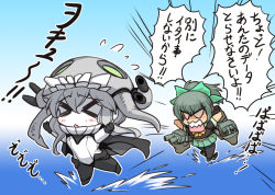 Rule 34 | &gt; &lt;, 10s, 2girls, abyssal ship, arms up, black legwear, blush, bodysuit, bow, cape, chasing, chibi, closed eyes, fleeing, flying sweatdrops, green hair, hair bow, hisahiko, kantai collection, midriff, multiple girls, pantyhose, pleated skirt, ponytail, rigging, silver hair, skirt, tentacles, translated, turret, water, wo-class aircraft carrier, yuubari (kancolle)