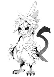 Rule 34 | 1girl, bad id, bad twitter id, blush, breasts, claws, commentary request, covered mouth, feathers, fur collar, greyscale, hair between eyes, harpy, monochrome, monster girl, navel, neck fur, nucomas, nude, original, simple background, small breasts, solo, tail, white background, winged arms, wings