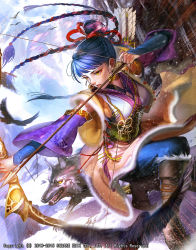 Rule 34 | 1girl, aiming, arrow (projectile), bird, blue hair, blunt bangs, boots, bow (weapon), braid, breasts, brown footwear, day, drawing bow, emperors saga, emphasis lines, highres, holding, holding bow (weapon), holding weapon, japanese clothes, liduke, long hair, long sleeves, medium breasts, multiple braids, obi, official art, outdoors, parted lips, reverse grip, sash, snow, solo, squatting, watermark, weapon, wolf, yellow eyes