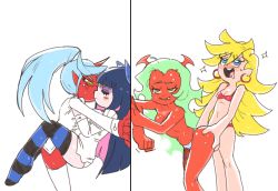 Rule 34 | 10s, 4girls, against wall, ahegao, blonde hair, blue eyes, blue hair, blush, bow, bra, breasts, cleavage, closed eyes, colored skin, demon girl, earrings, female focus, glasses, green eyes, green hair, half-closed eyes, horns, implied futanari, implied sex, inkerton-kun, jewelry, kiss, kneesocks (psg), long hair, multicolored hair, multiple girls, open mouth, panties, panty &amp; stocking with garterbelt, panty (psg), pointy ears, ponytail, red skin, scanty (psg), simple background, single horn, small breasts, stocking (psg), striped legwear, sweat, thighhighs, topless, two-tone hair, underwear, very long hair, white background