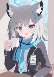 Rule 34 | 1girl, absurdres, animal ear fluff, animal ears, baozi 9527, black jacket, blazer, blue archive, blue eyes, blue halo, blue necktie, blue scarf, blush, buttons, cross hair ornament, cup, extra ears, grey hair, hair ornament, halo, highres, holding, holding cup, jacket, long sleeves, looking at viewer, medium hair, mismatched pupils, necktie, open clothes, open jacket, open mouth, scarf, shiroko (blue archive), smile, solo, wolf ears