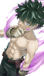 Rule 34 | 1boy, absurdres, belt, boku no hero academia, bright pupils, covering own mouth, fengling (furin-jp), freckles, gloves, green eyes, green hair, green pants, hand up, highres, looking at viewer, male focus, midoriya izuku, pants, pouch, simple background, smoke, solo, standing, toned, toned male, topless male, torn clothes, utility belt, white background, white pupils