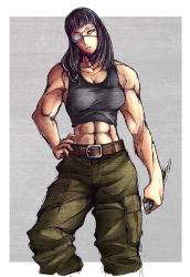 Rule 34 | 1girl, abs, black hair, breasts, cleavage, eyepatch, highres, jormungand (manga), large breasts, looking to the side, midriff, muscular, muscular arms, muscular female, pants, short hair, sofia valmer, solo, tank top, tattoo, yellow eyes