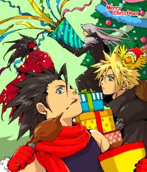 Rule 34 | 4boys, :o, alternate costume, animal, armor, black coat, black gloves, black hair, blonde hair, blue eyes, bucket, cape, chicken (food), chocobo, christmas ornaments, christmas tree, clothed animal, cloud strife, coat, commentary request, earrings, eating, faceless, faceless male, facing to the side, final fantasy, final fantasy vii, final fantasy vii advent children, food, foot up, fur-trimmed gloves, fur trim, gift, gloves, green background, grey hair, hair slicked back, hat, headband, holding, holding bucket, holding food, holding gift, holding party popper, jewelry, long hair, long sleeves, looking down, male focus, merry christmas, multiple boys, parted lips, party popper, pauldrons, popochan-f, purple shirt, red cape, red gloves, red headband, red scarf, santa hat, scarf, sephiroth, shirt, short hair, shoulder armor, sleeveless, sleeveless shirt, spiked hair, stack, star (symbol), stud earrings, torn cape, torn clothes, upper body, vincent valentine, zack fair