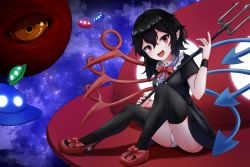 Rule 34 | 1girl, asymmetrical wings, black dress, black hair, black thighhighs, blue wings, bow, bowtie, breasts, buttons, center frills, cloud, commentary, dress, eagle bite, eyeball, footwear bow, frilled dress, frills, full body, highres, holding, houjuu nue, looking at viewer, mary janes, medium breasts, medium hair, open mouth, panties, pantyshot, pointy ears, polearm, red bow, red bowtie, red eyes, red footwear, red wings, shoes, short dress, short sleeves, sitting, sky, smile, solo, star (sky), starry sky, thighhighs, touhou, trident, ufo, underwear, weapon, white panties, wings, wristband